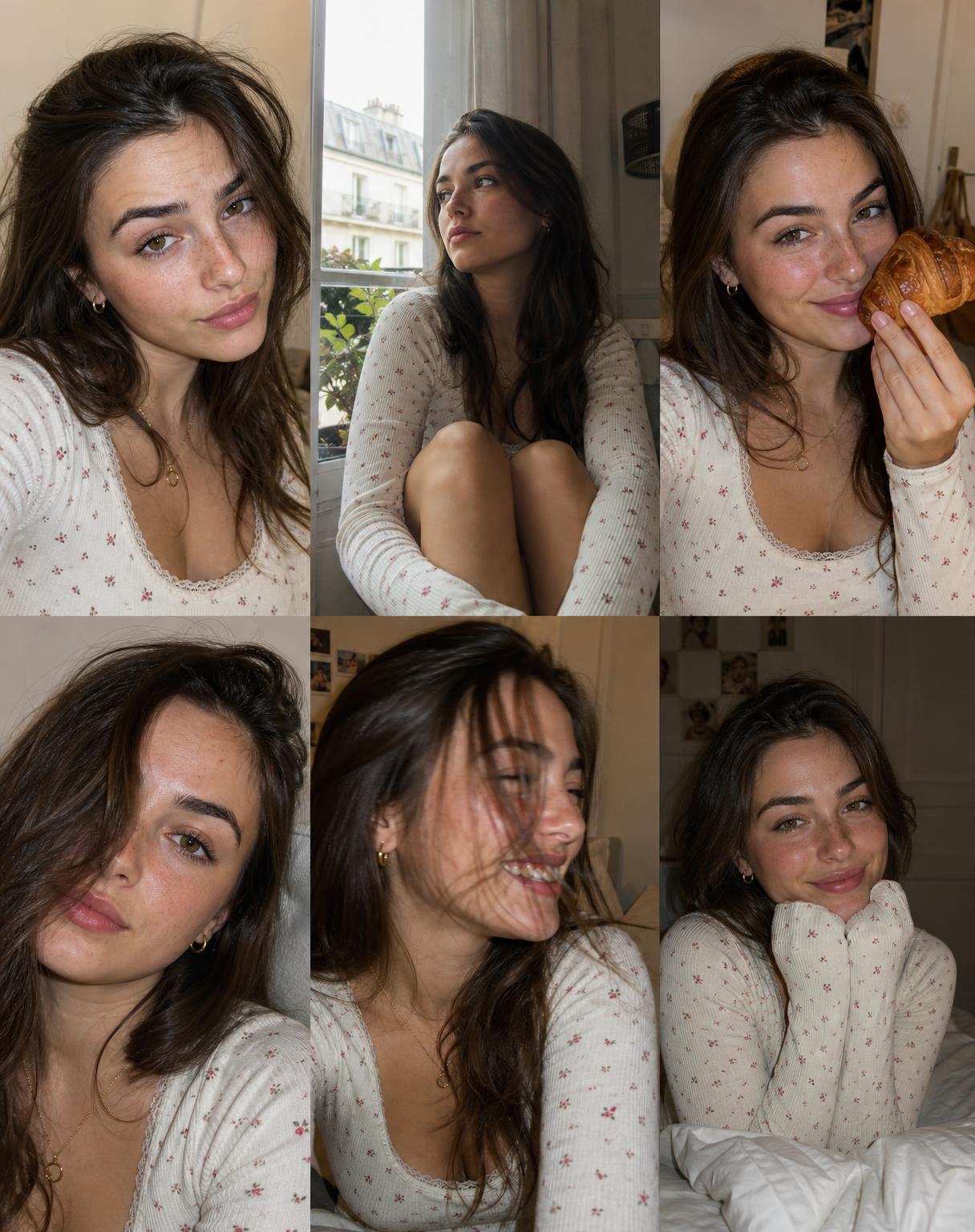 Create an ultra-realistic 6-photo portrait collage arranged in a seamless 3-colu