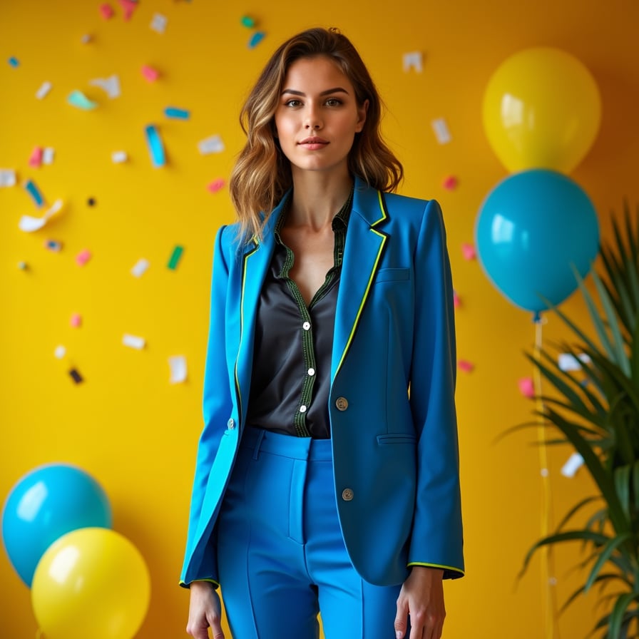 
woman wearing a vibrant, electric blue suit, patterned with neon green and yellow stripes, against a bright, sunny yellow background, with bursts of confetti and balloons, capturing the essence of a lively celebration.