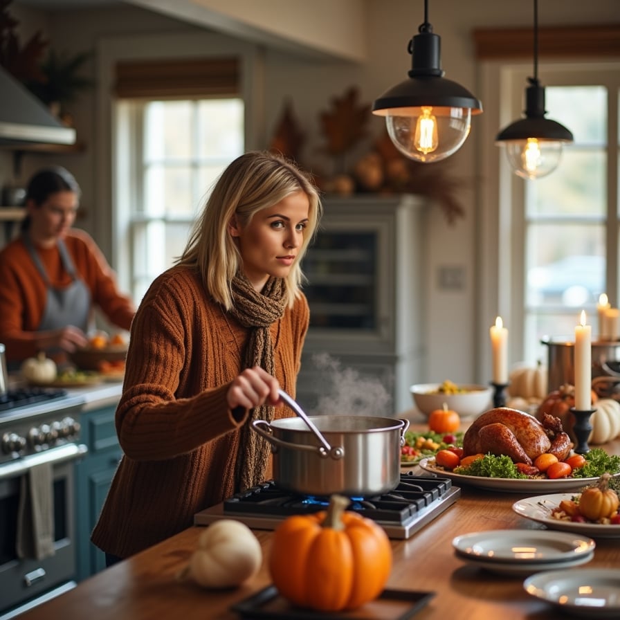A woman in her 40s is in the midst of cooking a large Thanksgiving meal in a beautifully designed, modern farmhouse kitchen. She’s smiling and wiping her brow as she stirs a large pot on the stove, surrounded by ingredients and side dishes in various stages of preparation. The kitchen is full of life, with other family members helping in the background, creating a lively and bustling scene
