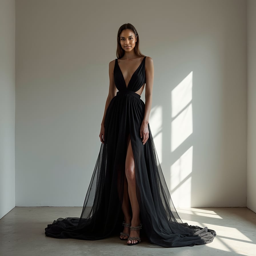 In a minimalist studio with a stark, monochromatic background, the model showcases a high-fashion outfit. Dramatic, high-contrast lighting emphasizes the textures and cuts of her clothing, while her direct gaze into the camera conveys confidence and strength.