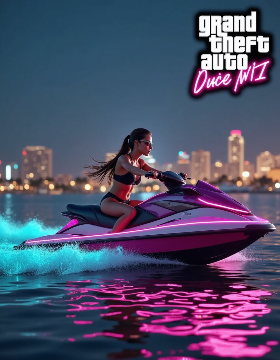 A neon-lit GTA VI logo glows brightly in the darkness, its sleek, modern font and bold lettering radiating an edgy, vibrant ambiance. The logo's neon pink and electric blue hues pulse softly, casting a subtle glow on a dark, urban background that fades into a blurred cityscape at dusk. The overall composition is a close-up shot, emphasizing the logo's sharp details and neon illumination.