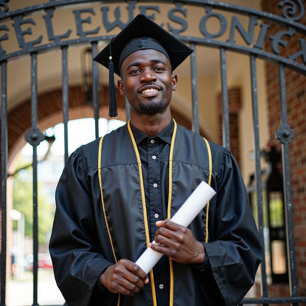 Waist-up composition of a man graduate centered under an ornate wrought-iron campus gate, hands resting casually on the gown’s sides, looking upward slightly; wearing a black gown, gold-trim honor stole, mortarboard tassel draped over the left; short textured haircut, light beard; camera placed low for a subtle upward heroic angle, 35 mm lens, f/2.8; lighting: bright midday sun filtered through trees, with reflector fill balancing shadows; gate lettering visible but softly blurred; micro-details of metal highlights and gown folds clearly defined, background slightly hazy to focus on subject; highly detailed, highly realistic, HDR style.