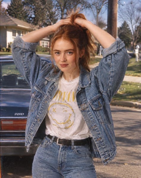 Transform the uploaded photo into a photorealistic American 1980s/1990s photograph while keeping the woman’s exact facial identity and recognizable features unchanged.
Preserve her face, facial structure, eyes, nose, lips, natural skin tone, age, body proportions, and overall recognizable appearance. Do not modify or beautify her face.
Change the clothing to authentic American 80s/90s fashion appropriate to the selected decade: high-waisted jeans, denim jacket, oversized sweatshirt, vintage graphic tee, leather/bomber jacket, plaid shirt, crop top, sweater, sneakers, boots, or other period-accurate styling.
Change the background into a believable American 80s/90s environment such as a suburban neighborhood, retro diner, bedroom, mall, arcade, school hallway, beach, city street, record store, or convenience store.
Add authentic period details such as vintage cars, CRT televisions, cassette players, landline phones, old posters, furniture, signage, hairstyles, accessories, and architecture only where appropriate to the scene.
The final image should look like a real candid photograph taken in America during the 1980s/1990s, captured on a consumer 35mm film camera or disposable camera.
Include realistic analog characteristics: natural skin texture, subtle pores and imperfections, authentic film grain, slight softness, mild lens imperfections, natural shadows, imperfect exposure, realistic flash falloff when appropriate, slightly faded colors, and subtle film color variation.
Do not simply apply a sepia/vintage filter. Reconstruct the entire environment and styling to genuinely belong to the era.
Keep the person immediately recognizable as the same individual.
No modern clothing, smartphones, modern cars, contemporary interiors, modern signage, excessive grain, extreme color grading, plastic skin, face alteration, age alteration, AI-looking features, cartoon style, or artificial-looking vintage effects.