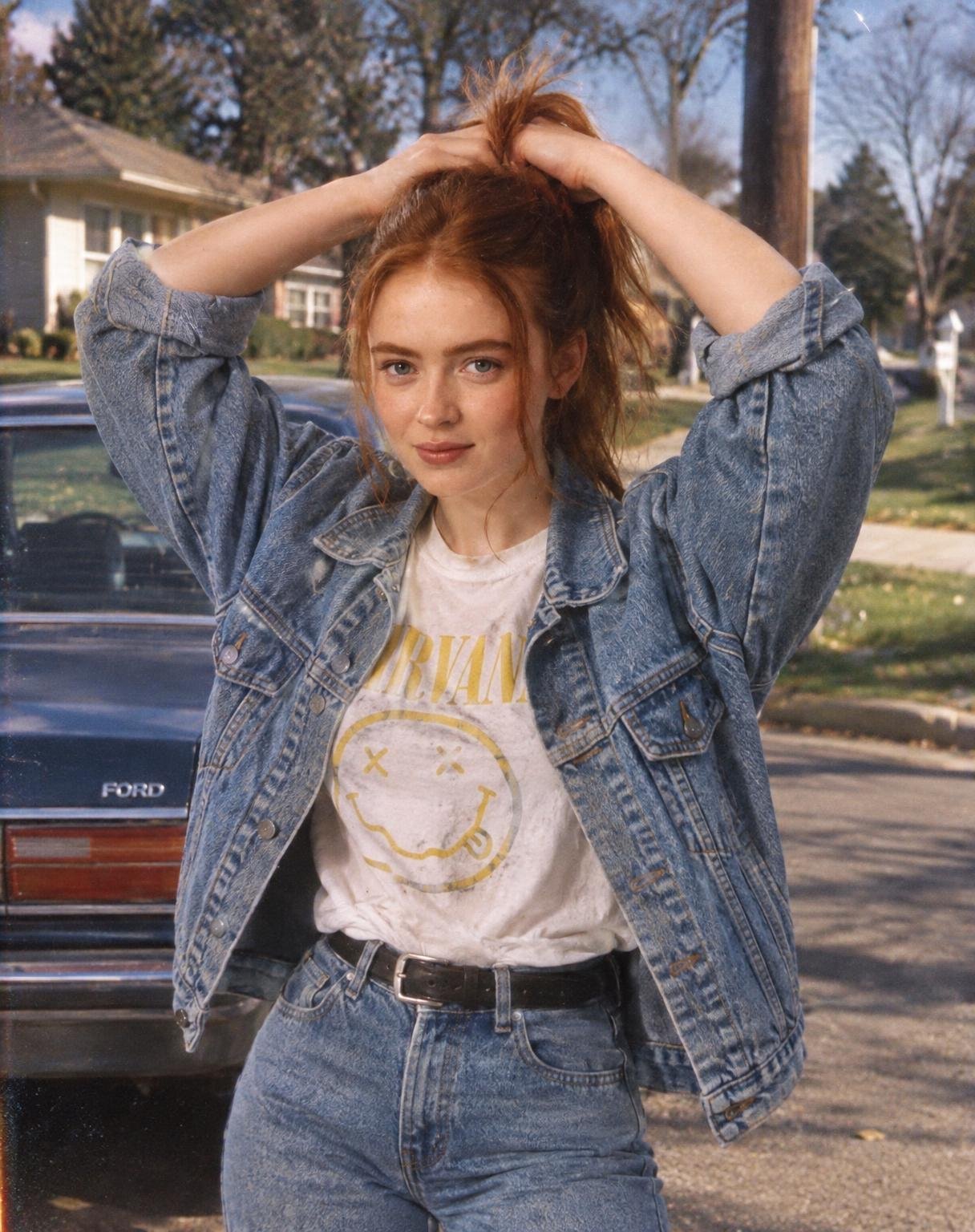 Transform the uploaded photo into a photorealistic American 1980s/1990s photograph while keeping the woman’s exact facial identity and recognizable features unchanged.
Preserve her face, facial structure, eyes, nose, lips, natural skin tone, age, body proportions, and overall recognizable appearance. Do not modify or beautify her face.
Change the clothing to authentic American 80s/90s fashion appropriate to the selected decade: high-waisted jeans, denim jacket, oversized sweatshirt, vintage graphic tee, leather/bomber jacket, plaid shirt, crop top, sweater, sneakers, boots, or other period-accurate styling.
Change the background into a believable American 80s/90s environment such as a suburban neighborhood, retro diner, bedroom, mall, arcade, school hallway, beach, city street, record store, or convenience store.
Add authentic period details such as vintage cars, CRT televisions, cassette players, landline phones, old posters, furniture, signage, hairstyles, accessories, and architecture only where appropriate to the scene.
The final image should look like a real candid photograph taken in America during the 1980s/1990s, captured on a consumer 35mm film camera or disposable camera.
Include realistic analog characteristics: natural skin texture, subtle pores and imperfections, authentic film grain, slight softness, mild lens imperfections, natural shadows, imperfect exposure, realistic flash falloff when appropriate, slightly faded colors, and subtle film color variation.
Do not simply apply a sepia/vintage filter. Reconstruct the entire environment and styling to genuinely belong to the era.
Keep the person immediately recognizable as the same individual.
No modern clothing, smartphones, modern cars, contemporary interiors, modern signage, excessive grain, extreme color grading, plastic skin, face alteration, age alteration, AI-looking features, cartoon style, or artificial-looking vintage effects.