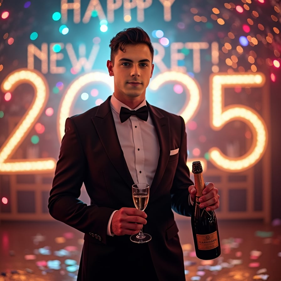 A man in a sleek black tuxedo, holding a glass of champagne, standing against a backdrop of glittering lights and a "Happy New Year 2025" banner, smiling confidently at the camera