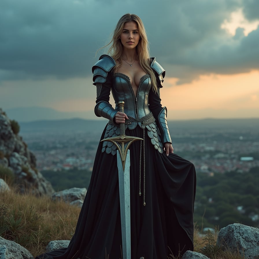 A woman dressed in medieval armor stands on a rocky hilltop, with storm clouds gathering behind her. She faces the camera with a fierce and resolute expression, holding a large sword planted in the ground in front of her. Her armor glints in the fading light of the day, and behind her, a vast battlefield stretches into the horizon. The atmosphere is epic, with a sense of an impending battle, captured in a grand, sweeping cinematic style.
