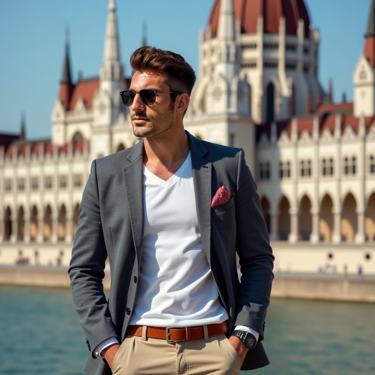 man wearing a stylish blazer and trousers, standing in front of the Széchenyi Th