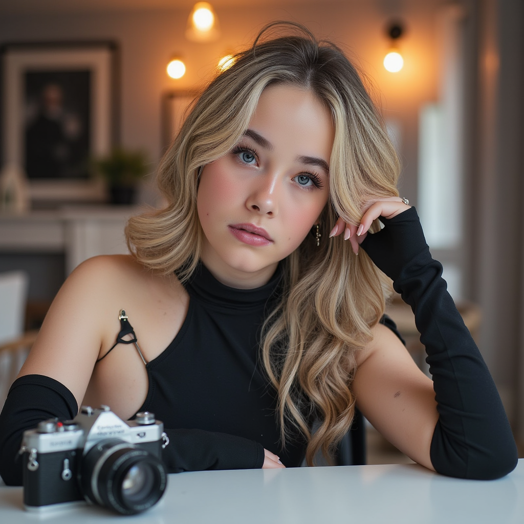 Bold close-up of a female photographer adjusting her lens, eyes focused, monochr