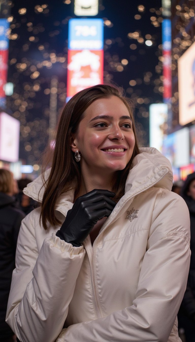 woman wearing a chic, insulated white puffer jacket with a subtly shimmering finish, adorned with a delicate snowflake brooch near the collar, and elegant black leather gloves. Her gaze is fixed forward, sparkling with the reflected burst of a thousand distant fireworks, a single tear of joy tracing a path through the shimmering confetti dusting her cheek, amidst the softly blurred, jubilant New Year's Eve crowd and a cascade of glittering streamers in Times Square.