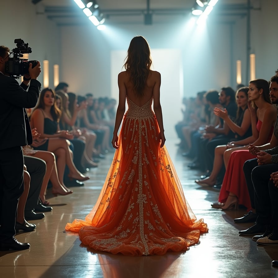woman in a stunning, floor-sweeping evening gown, confidently strutting down a glamorous catwalk, surrounded by flashing cameras and a crowded audience, under the bright lights of a high-end fashion event.