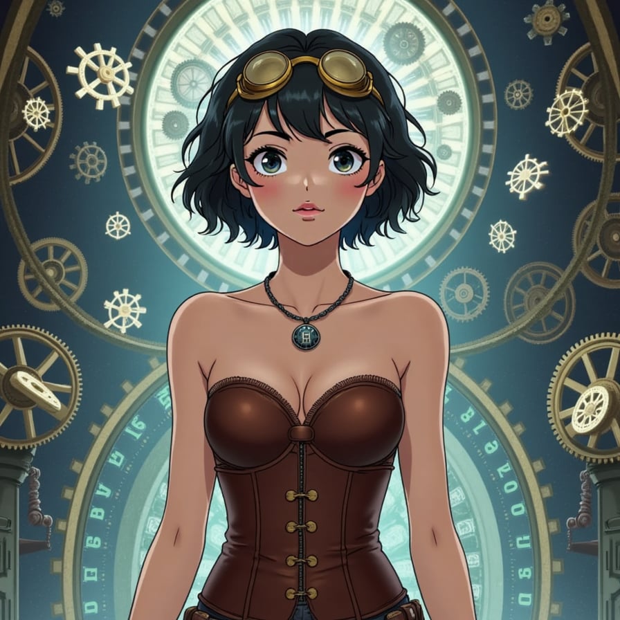A brilliant young woman with short, curly hair, wearing a leather corset and brass goggles. She stands in a grand, mechanical tower filled with whirring gears and floating timepieces, weaving spells that control time itself.