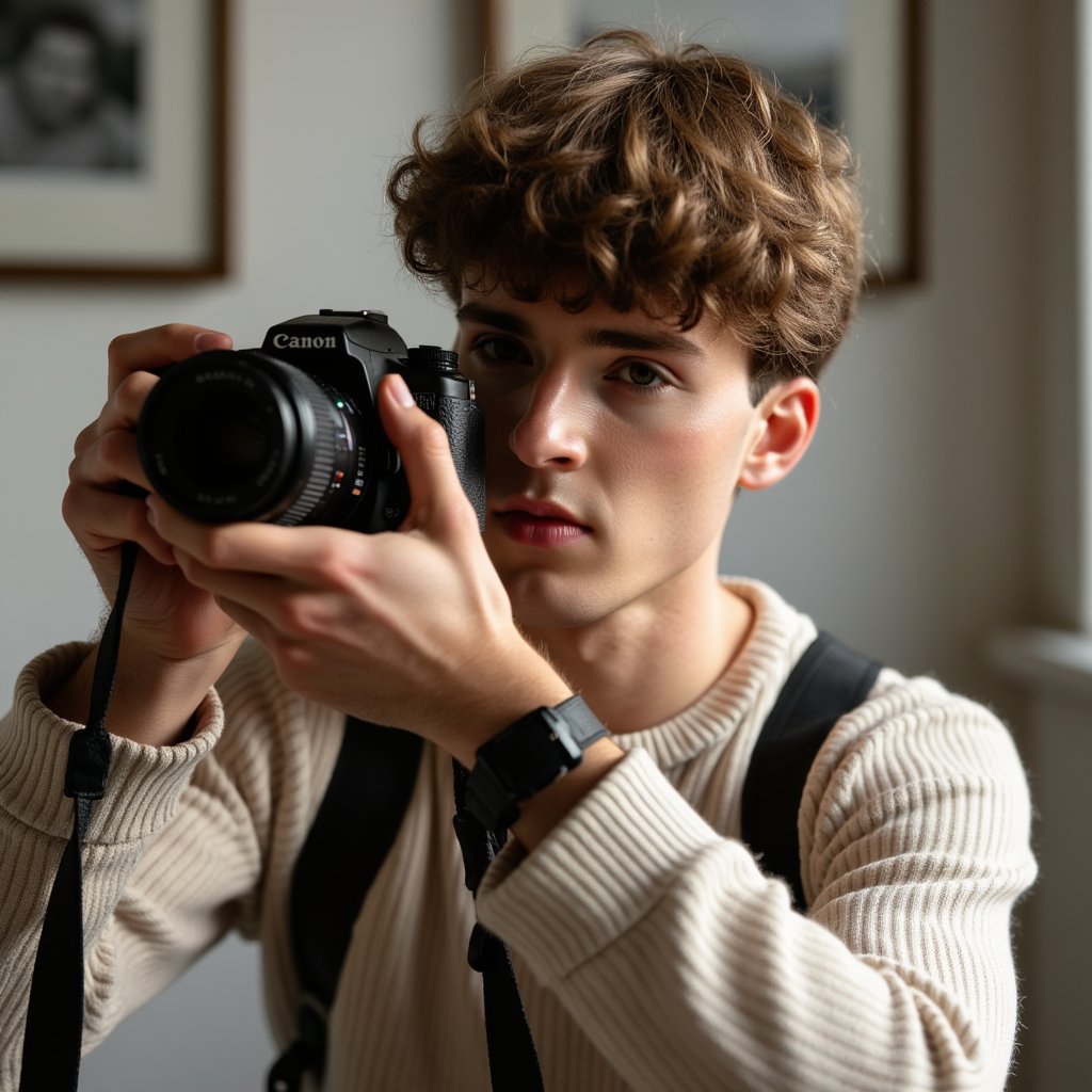 Stylized headshot of a photographer in action, mid-click with camera raised, blurred background, focus on intent gaze and posture, celebrating World Photography Day