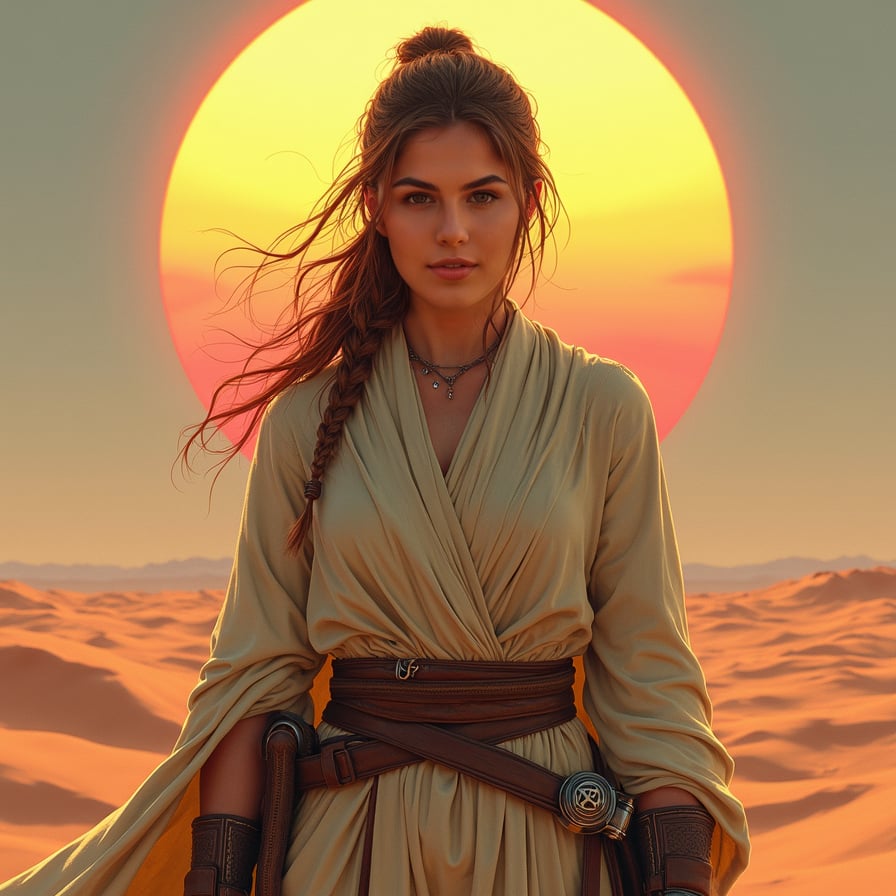 A woman stands facing the camera in the vast desert of Tatooine, with the iconic twin suns setting behind her. Dressed in desert-worn clothing, she has a resilient and weathered look, with determination in her eyes as she meets the viewer's gaze.