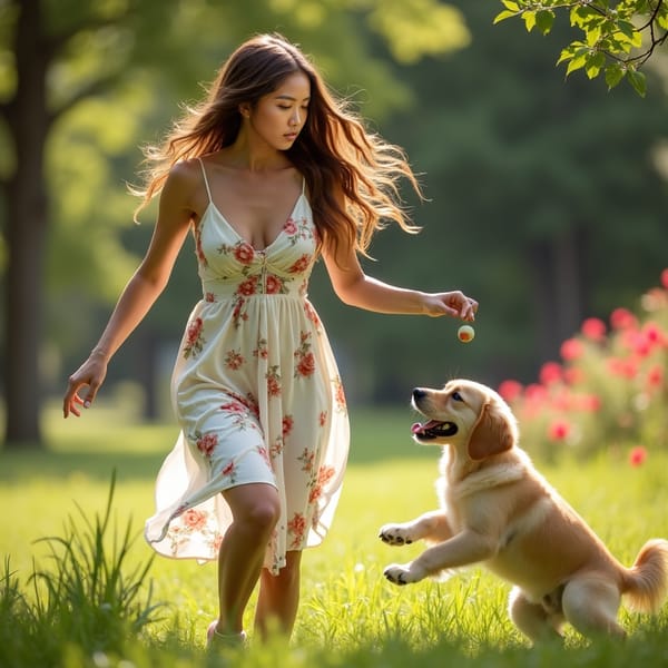 woman playing with adorable golden retriever puppy, wearing casual yet elegant white sundress with floral patterns, long hair blowing gently in the wind, surrounded by lush green grass and colorful flowers, laughing and smiling as she tosses a ball for the energetic pup to catch, in a sunny outdoor setting with soft, warm natural light filtering through the trees.