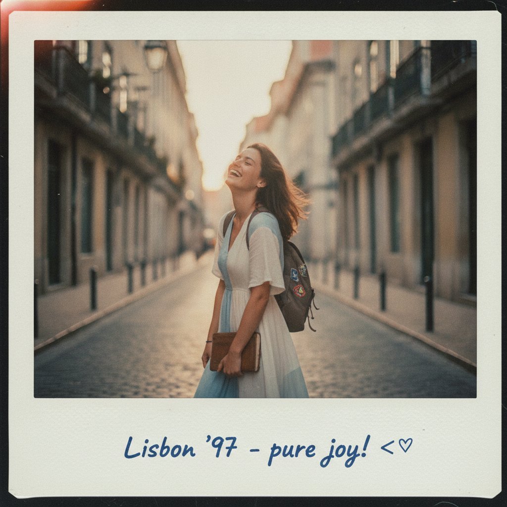A dreamy AI-generated Polaroid photograph of a young traveler laughing while walking through a charming European street during golden hour. Soft pastel colors, authentic candid expression, slightly faded film texture, handwritten notes on the white Polaroid border, subtle light leaks, realistic skin tones, nostalgic 90s instant film look, shallow depth of field, cinematic natural lighting, highly detailed, editorial lifestyle photography, Instagram aesthetic.