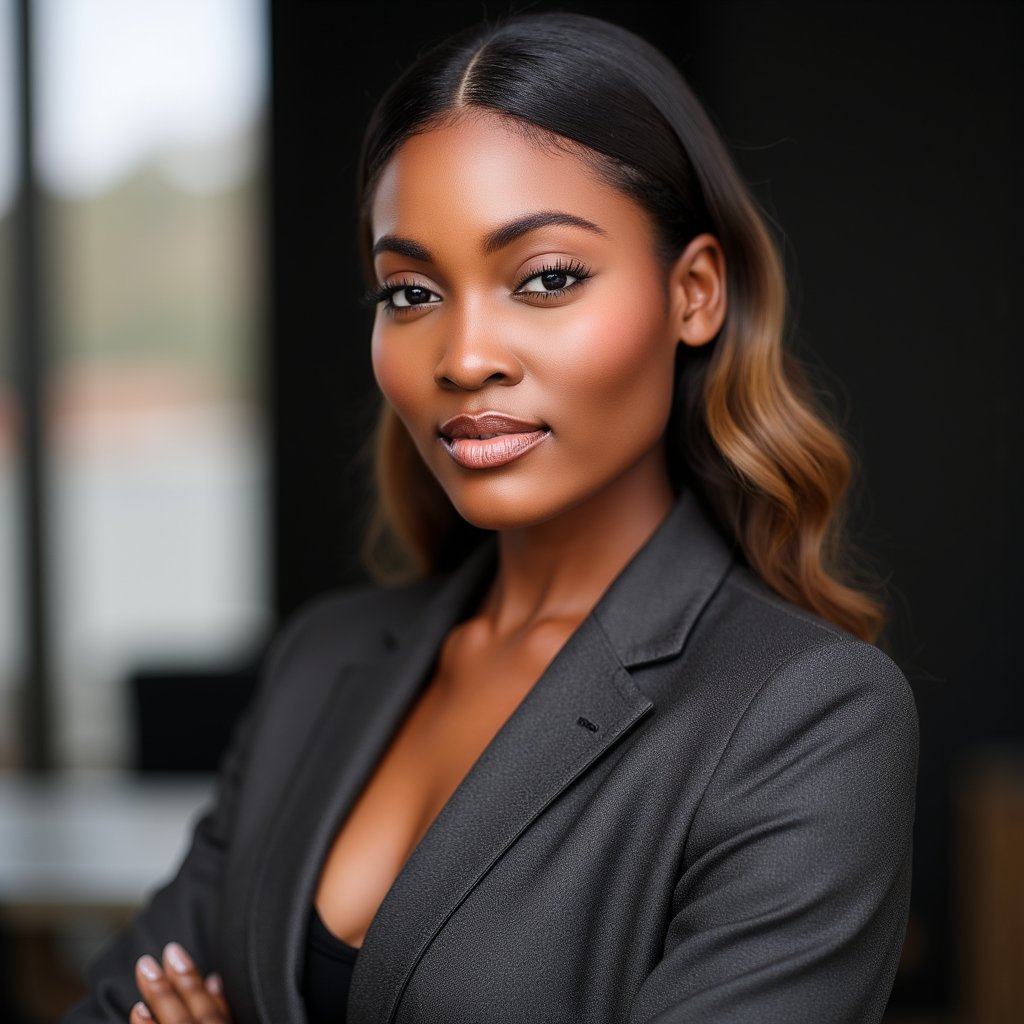 A super-realistic close-up headshot of a woman in her mid-30s wearing a fitted charcoal blazer. Natural light makeup, soft peach lipstick, minimal eye shadow. Clean blurred office background. Sharp jawline, subtle skin texture, realistic hair strands visible. Slight half-smile, direct eye contact.