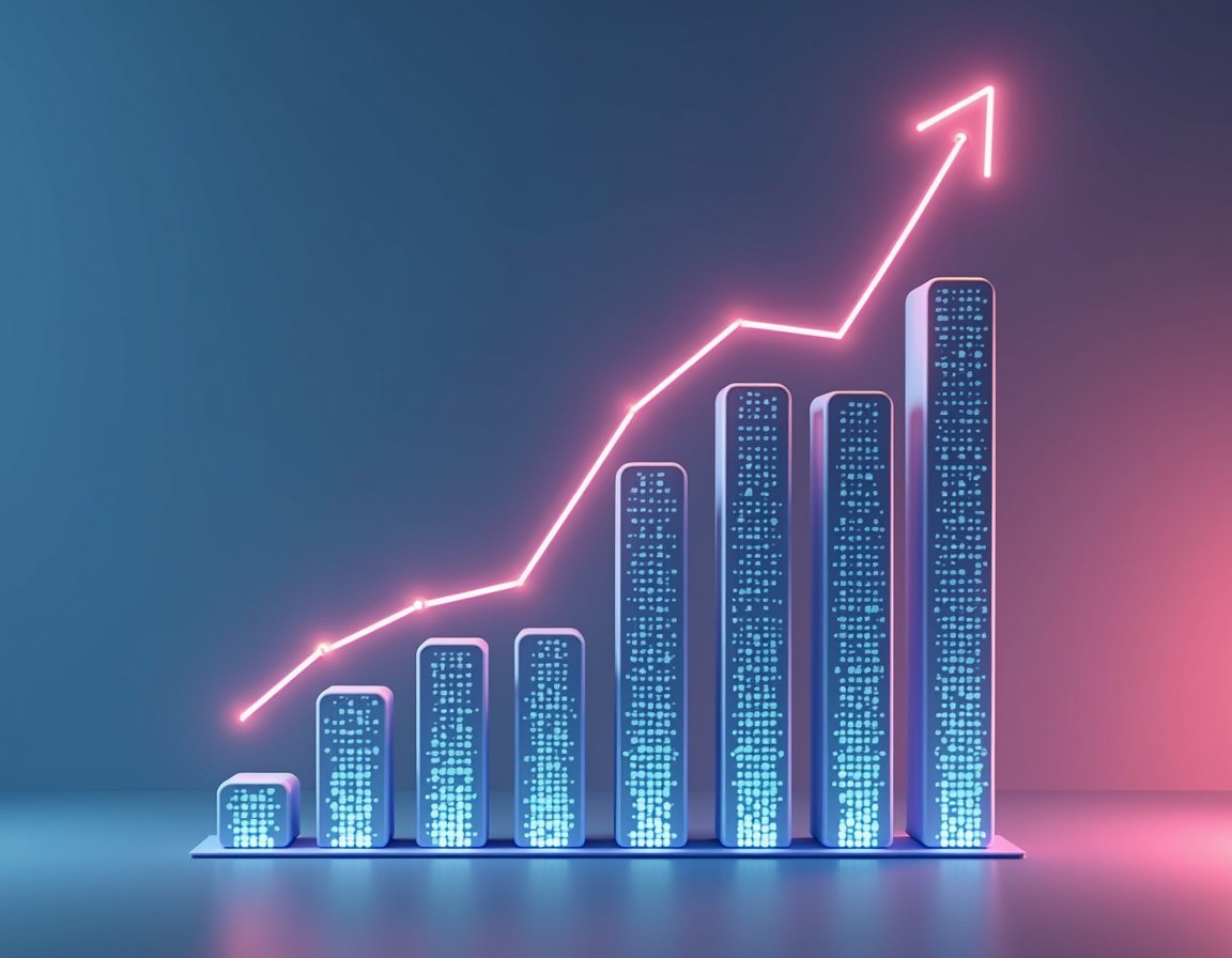 Illustration of a search trend graph showing rising interest in ‘AI headshot generator’ from 2023 to 2025, clean UI, upward trajectory, modern minimal style chart design