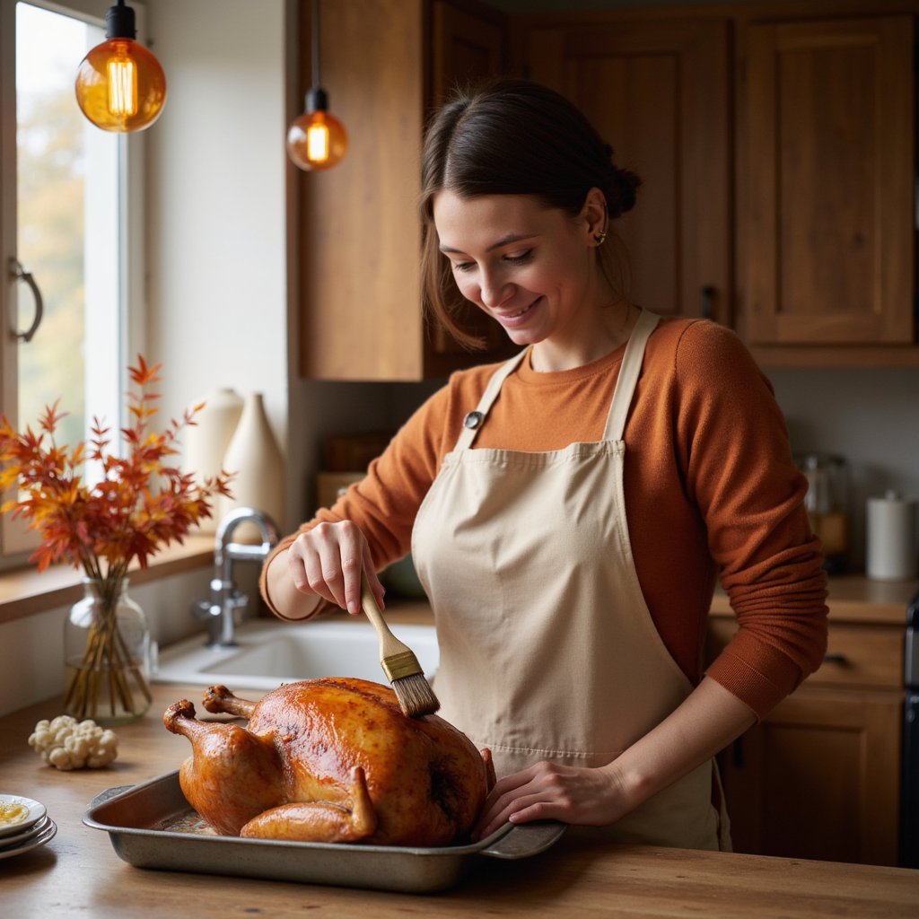 Highly realistic, highly detailed, hyperrealistic HDR waist-up image of a woman (female, ~35 yrs) standing beside a rustic kitchen counter, gently brushing glaze on a golden roast turkey. She wears a soft beige apron over a rust-orange sweater, sleeves rolled neatly. Her hair is in a loose low bun with a few strands framing her face, warm smile lit by amber pendant lights above. Camera positioned slightly from the side (~25°) focusing on her face and hands; background softly blurred — faint outline of cabinets, a vase of autumn leaves, and warm daylight filtering through. Visible textures: sheen of the turkey skin, fabric weave of the apron, fine reflections on metal tray. Cozy Thanksgiving warmth. HDR, high resolution, high quality, highly detailed, photorealistic.