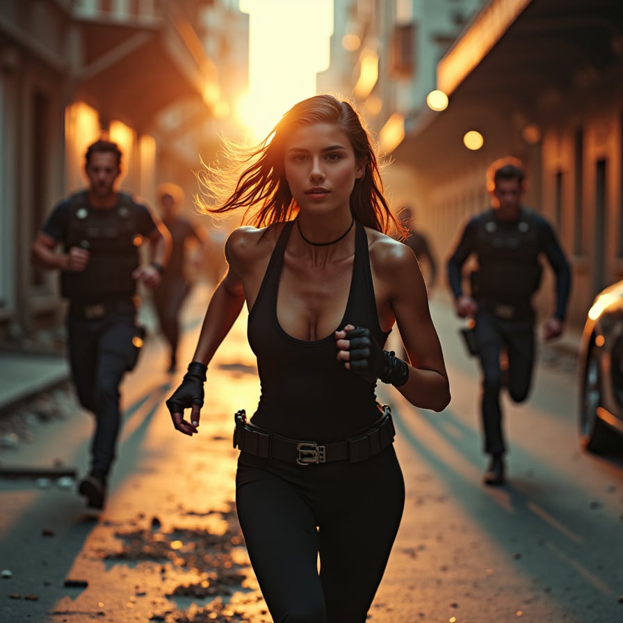 A woman with a fierce expression runs down a narrow alleyway, the camera capturing her from the front as if in a high-speed chase. She wears tactical gear, and her hair is slightly disheveled from the action. The alley is filled with debris, and behind her, you can see blurred figures chasing her. The lighting is dramatic, with shadows and streaks of light from passing vehicles overhead. The atmosphere is tense and dynamic, like a scene from a high-stakes action film.