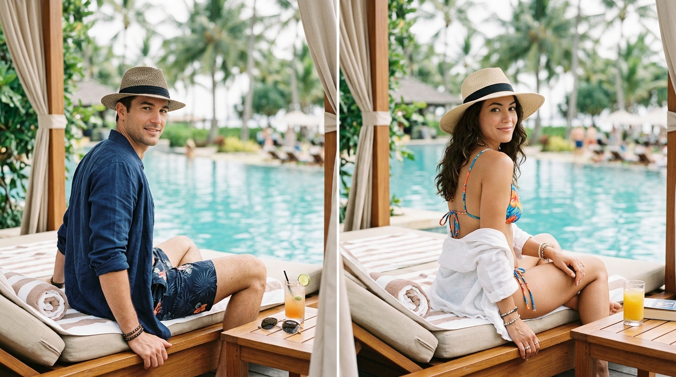Hyper-realistic editorial lifestyle photograph of a young woman seated at a tropical resort cabana in three-quarter back view, wearing a tropical-print bikini with a sheer white linen cover-up draped over shoulders, wide-brim straw hat, looking back over her right shoulder toward camera with quiet confidence, turquoise pool and palm foliage blurred in the background, dappled cabana light, shallow depth of field with 85mm lens, natural skin texture, magazine cover quality