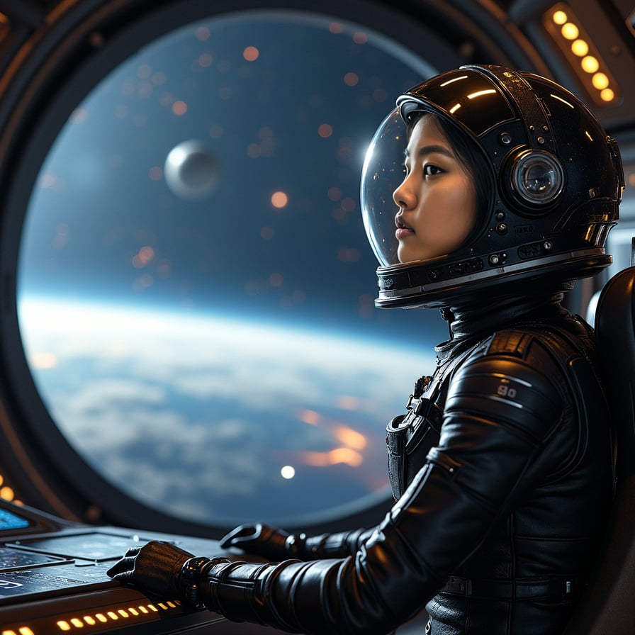 A woman captain standing on the command deck of a massive starship, looking out at the vast expanse of space through a large viewing window. She is dressed in a sleek, futuristic uniform. Outside, planets, nebulae, and stars fill the cosmos, while holographic displays around her show tactical maps and navigation data