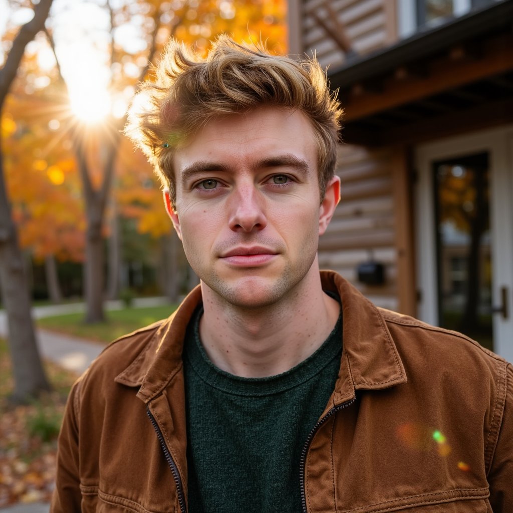 Hyperrealistic, highly detailed, HDR close-up portrait of a man (male, ~29 yrs) standing outdoors during golden hour. Camera head-and-shoulders, eye-level. He wears a brown suede jacket over a dark forest-green shirt; light wind slightly moves his short, textured hair. Warm sunlight filters through amber leaves behind, producing a glowing rim light along his shoulders. The background fades into creamy bokeh of gold and burnt-orange tones. His expression calm, faint smile lines around his mouth, eyes softly squinting from light. Fine beard stubble, natural skin tone, suede texture visible in lifelike detail. HDR, high resolution, high quality, highly detailed, photorealistic.