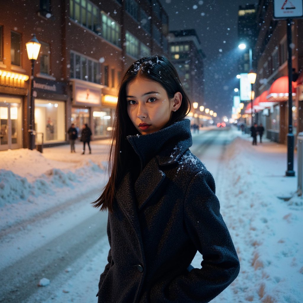 A cinematic winter-night portrait of a woman (early 30s) standing outdoors during light snowfall, waist-up framing, camera at eye level, subject slightly off-center. Hair: long dark hair, loose and lightly dusted with snowflakes. Face: realistic cold-weather skin texture, slightly flushed cheeks, visible breath condensation, focused eyes looking past the camera. Wardrobe: charcoal wool coat with thick texture, high collar framing the face, subtle snow accumulation on shoulders. Lighting: cool blue ambient night light, soft white streetlight as key from above and behind, gentle fill on face. Background: blurred snowy street with soft bokeh lights, no visible signs or people. Camera: 70mm lens, f/2.2, crisp facial detail, smooth snowy bokeh. Mood: restrained, cinematic solitude. Highly detailed, highly realistic, HDR quality, cinematic night lighting, minimal background clutter.