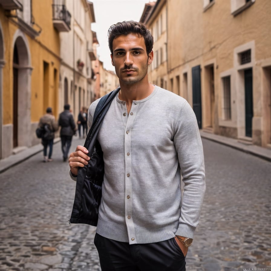 Trendy man in sunglasses, exploring scenic European streets.