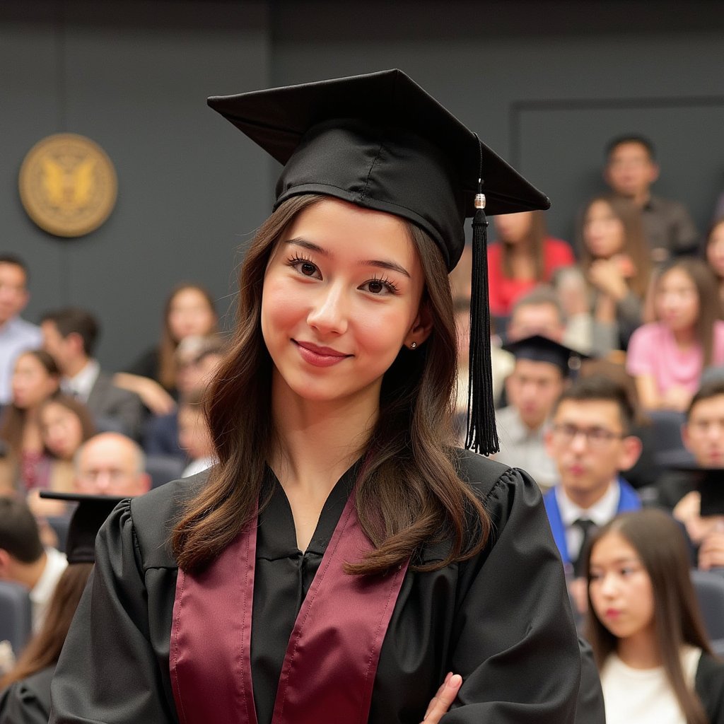 Portrait of a woman graduate, tight head-and-shoulders framing, wearing a matte black graduation gown with a burgundy satin stole and a fitted mortarboard (tassel draped on the right, silk threads visible); soft waves hairstyle tucked behind one ear, subtle natural makeup with defined lashes and soft rose lip; gentle confident smile, eyes bright; camera straight-on at eye level with a slight 3/4 shoulder turn; 85mm lens, f/2, ISO 100, 1/200s; clamshell lighting (large softbox above-camera + silver reflector below) for even skin, delicate catchlights; seamless dark gray backdrop with a faint, out-of-focus university seal pedestal off to one side; textures visible in the gown’s matte crepe folds and the stole’s satin sheen; minimal clutter, shallow depth of field, clean bokeh, ultra-sharp eyes, highly detailed, highly realistic, HDR.