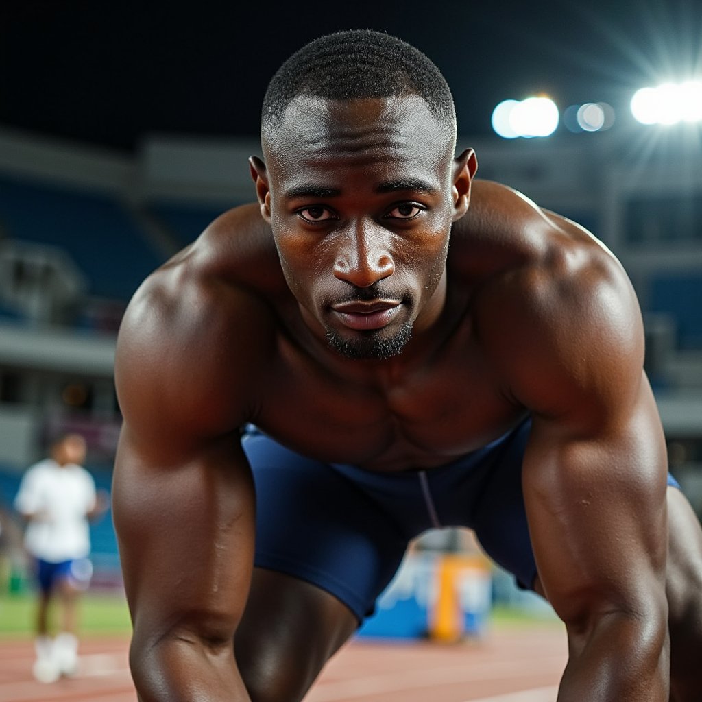 Portrait of a male long jumper crouched and ready at the starting line, dirt smudges on face, spotlight over one shoulder — powerful competition moment