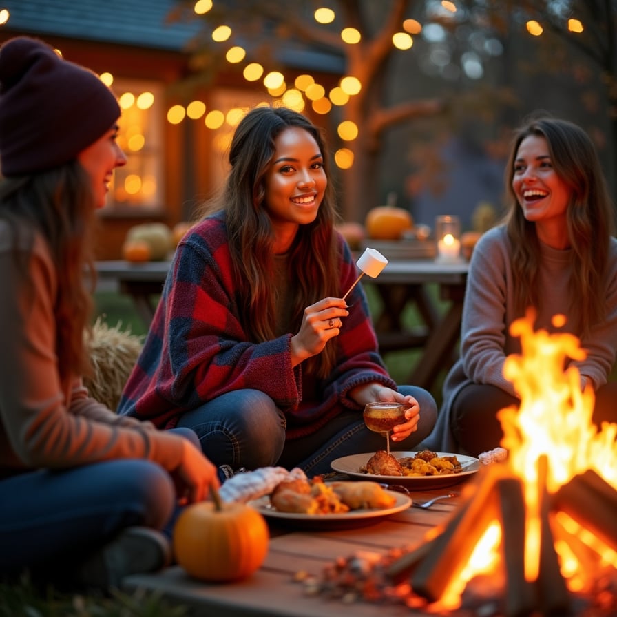 A woman bundled up in a plaid blanket, sitting by a bonfire with friends and family around her. She’s laughing and holding a marshmallow stick, while others roast marshmallows and sip warm drinks. The cool night air is filled with laughter, and string lights hang overhead, illuminating the scene with a cozy, autumnal glow. Pumpkins and hay bales add to the rustic setting