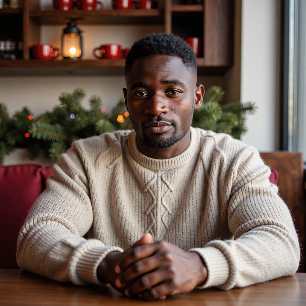 Waist-up portrait of a man seated in a cozy Christmas café booth, leaning slightly forward with elbows relaxed on the table, hands loosely clasped, still and composed. He wears a chunky oatmeal-colored cable-knit sweater with prominent detailed stitching.
Hair: brushed-back medium length, soft texture; light beard.
Lighting: warm overhead café glow with a soft diffused key from a nearby window, gentle shadow falloff for depth.
Background: blurred café shelves with red mugs, pine garland, and a single glowing lantern — minimal clutter, organized bokeh.
Camera: 50mm f/1.6 at eye level; highly detailed, highly realistic, HDR, sweater fibers, beard grain, and warm wood tones crisp.