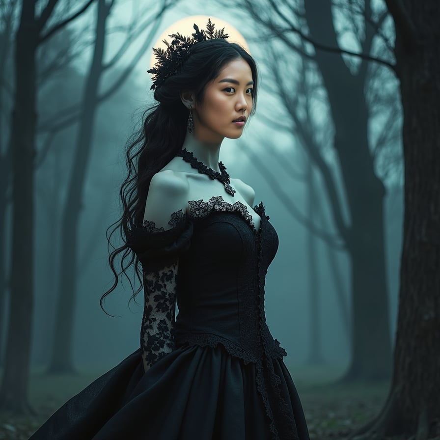 woman in luxurious Victorian-era inspired gown with intricate lace details, porcelain skin, dark eyeliner, posing in dimly lit, mysterious forest setting with subtle mist, under soft glow of full moon, romantic, eerie, mysterious, regal, refined.