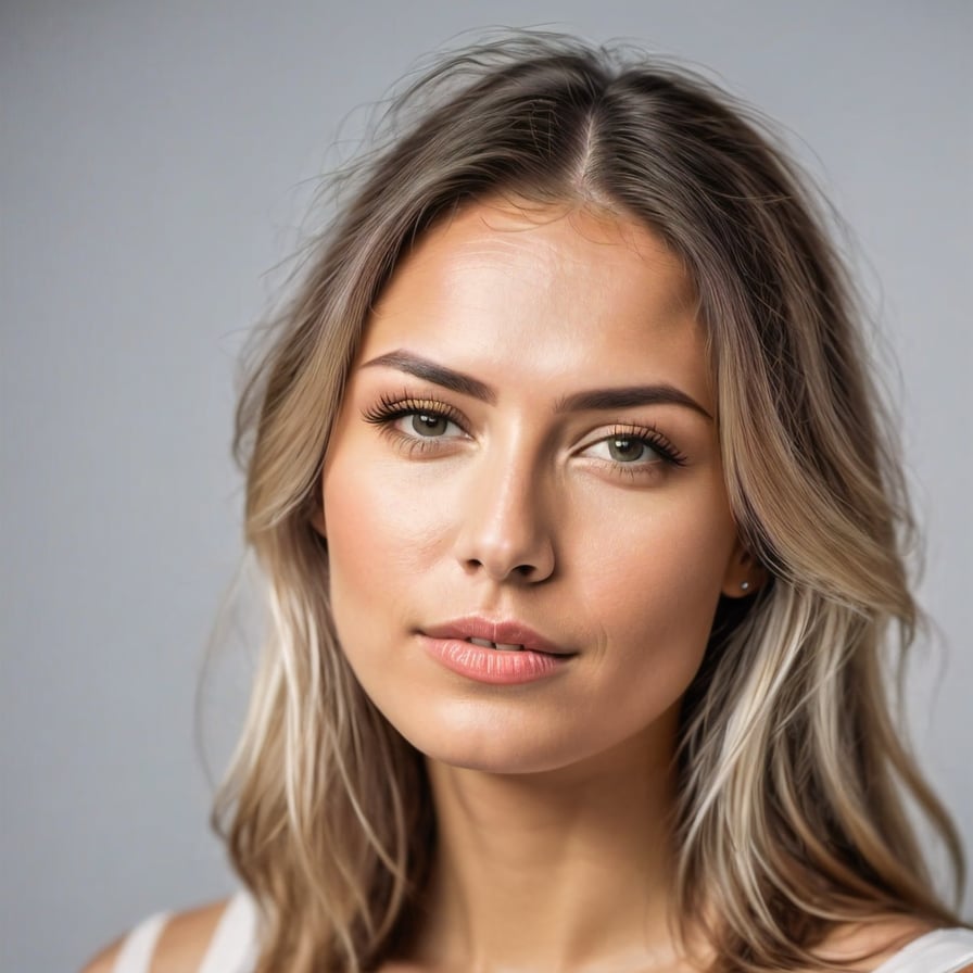 Woman in evening gown, dramatic lighting, sunset cityscape backdrop.