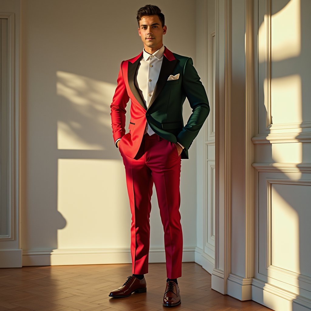 Man in bold tuxedo, luxurious home, soft sidelight.