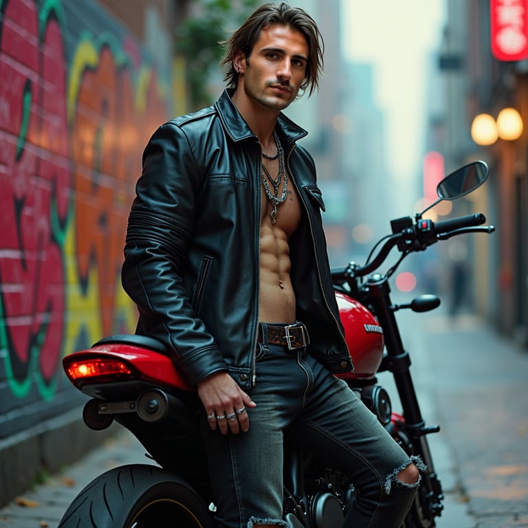 man wearing a sleek black leather jacket, paired with denim jeans and sturdy boo