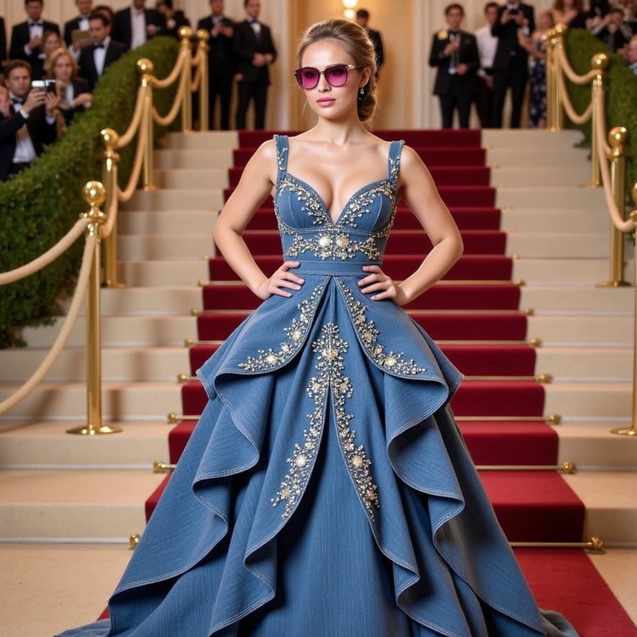 A Y2K revival Met Gala look: rhinestone-studded denim gown, bedazzled flip phone handbag, and metallic pink sunglasses, blending nostalgia and glam