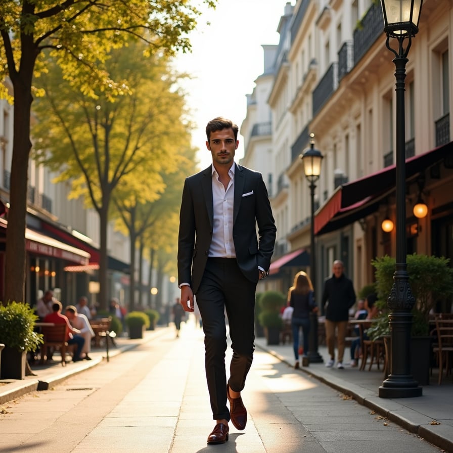 man in stylish, modern attire, wearing a fitted blazer and slim-fit trousers, walking down a charming Parisian street lined with historic buildings, quaint cafes, and ornate lampposts, surrounded by lush greenery and vibrant street performers, under the soft, warm glow of afternoon sunlight filtering through the leafy trees.