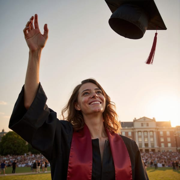 Waist-up image of a woman graduate gazing up toward a graduation cap suspended mid-air, arms still lowered (no movement captured); wearing black gown, crimson stole, mortarboard just tossed upward; loose wavy hair, sunlight catching strands; camera below shoulder level angled upward, 70 mm lens, f/2.8; golden-hour lighting, flare at image edge; background: blurred open campus field, warm sky gradient; detailed realism in hair texture, stole satin highlights, tassel threads, natural smile; highly detailed, highly realistic, HDR finish, no clutter.