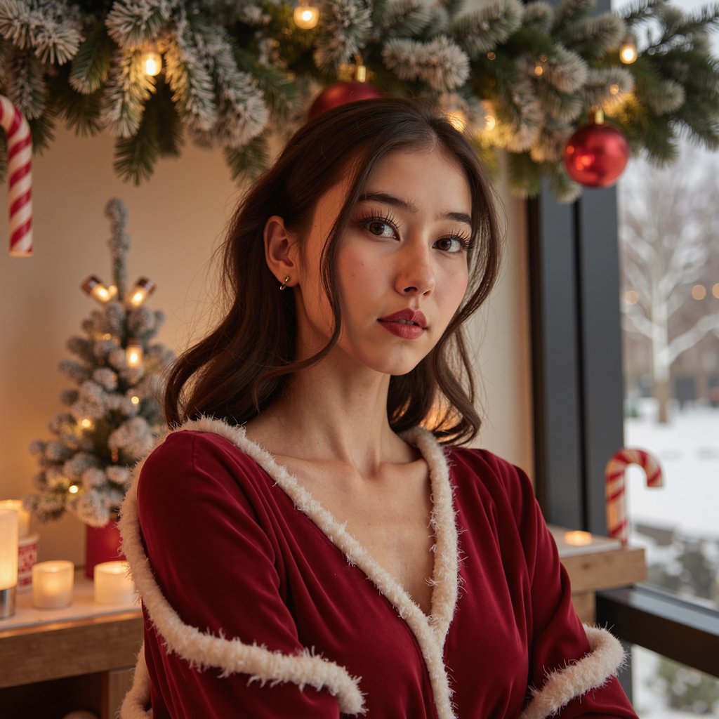 Head-and-shoulders portrait of a woman styled in a luxurious modern Mrs. Claus look. She wears a deep-red velvet top trimmed with subtle faux-fur edging, velvet texture visible with rich sheen. Hair: voluminous curls pulled into a soft half-up style. Makeup: festive glam—soft gold shimmer eyeshadow, long lashes, bold red lipstick.
Lighting: bright holiday beauty lighting with warm accents, soft key from the front and a faint rim light outlining her curls.
Background: blurred North-Pole-inspired holiday decor—frosted garland, subtle candy-cane red-and-white bokeh, minimal clutter.
Camera: 85mm f/2; highly detailed, highly realistic, HDR, showing velvet pile, fur texture, and crisp makeup details; still, confident pose.
