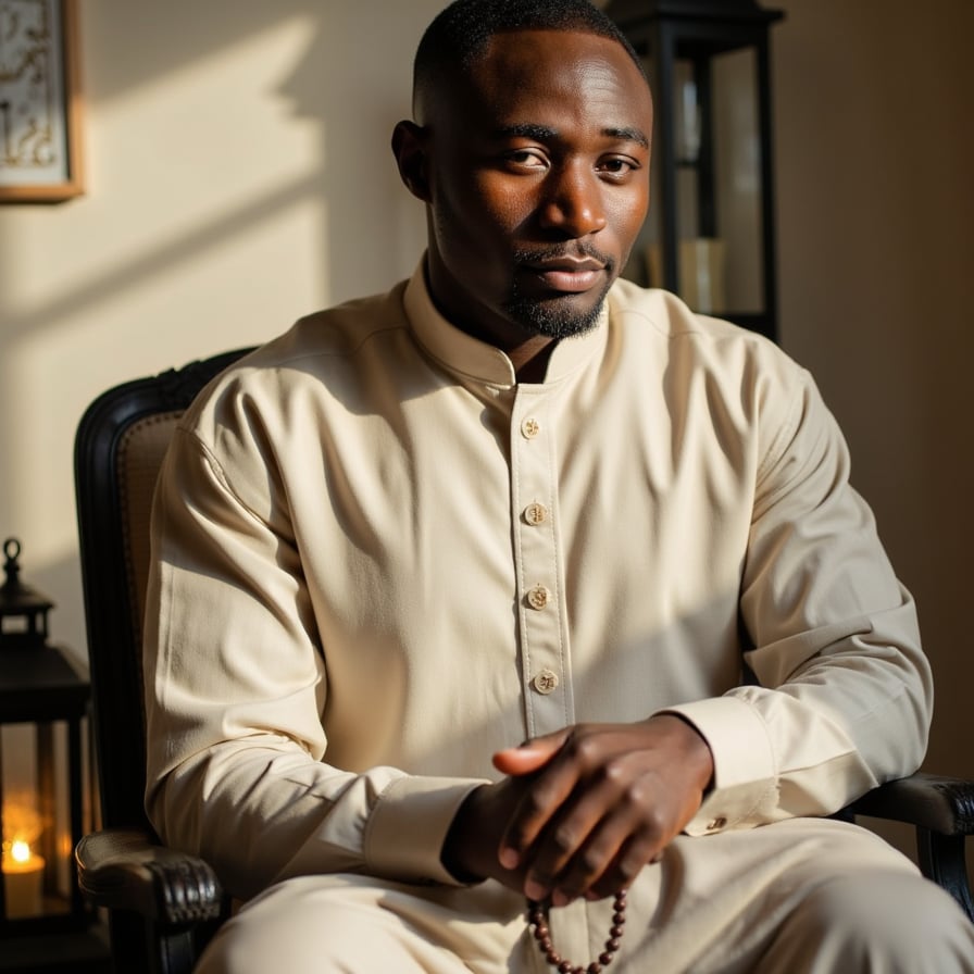 Knee-up portrait of a man seated with prayer beads in hand, dressed in a cream sherwani, subtle lantern light casting gentle shadows, inspired by Mawlid gathering atmosphere