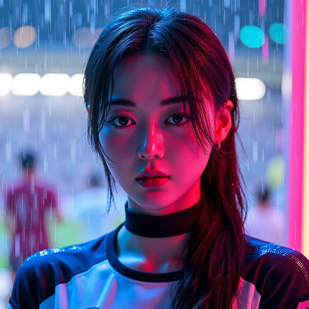 Close-up headshot of a player under neon-lit rain with water droplets on face, m