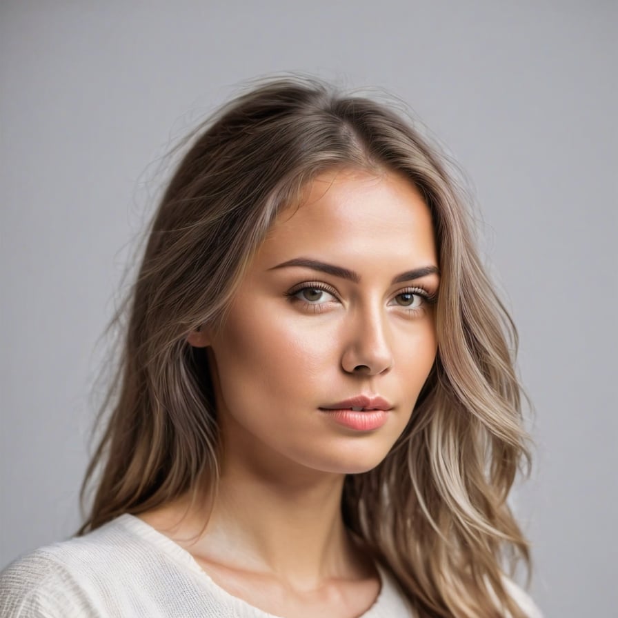 Woman in evening gown, dramatic lighting, sunset cityscape backdrop.
