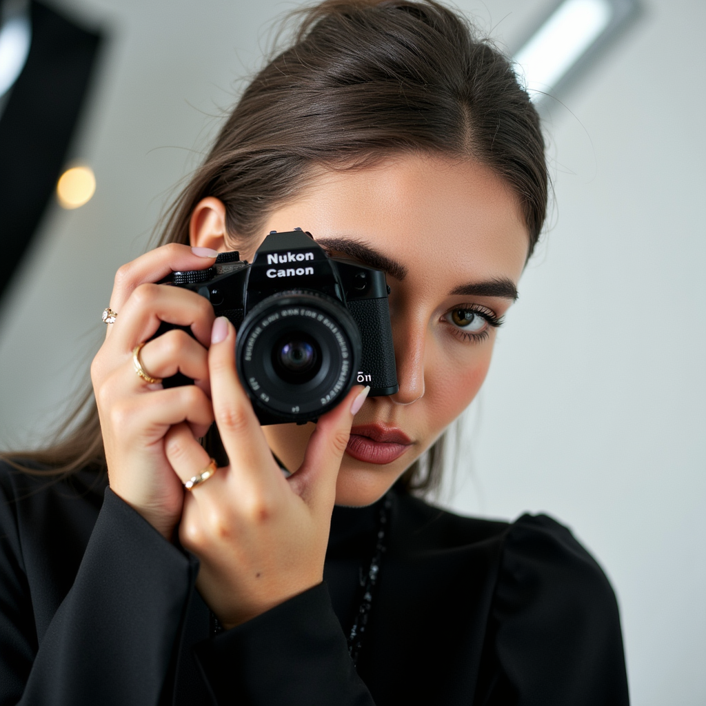 Bold close-up of a female photographer adjusting her lens, eyes focused, monochr