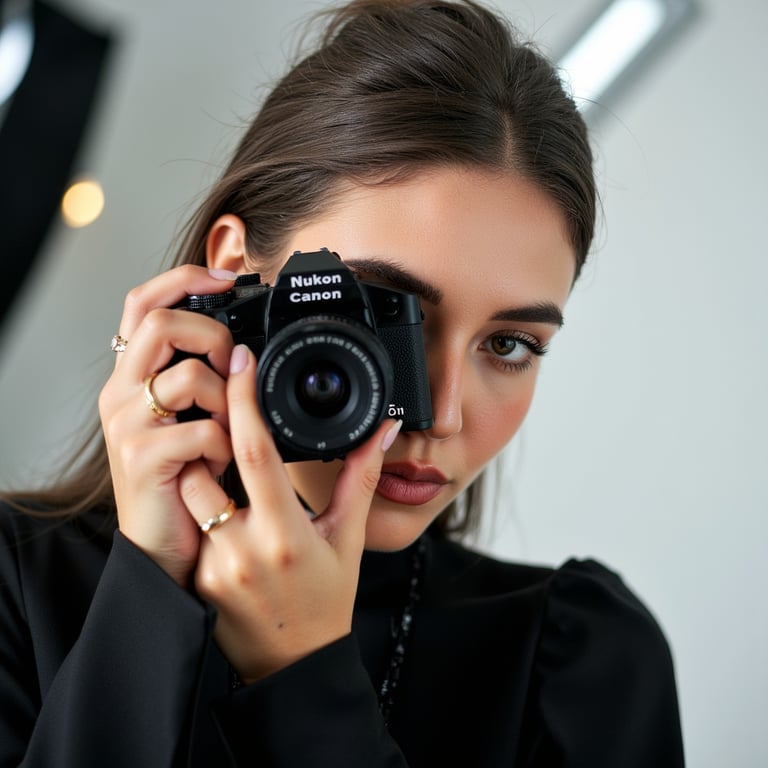 Bold close-up of a female photographer adjusting her lens, eyes focused, monochr