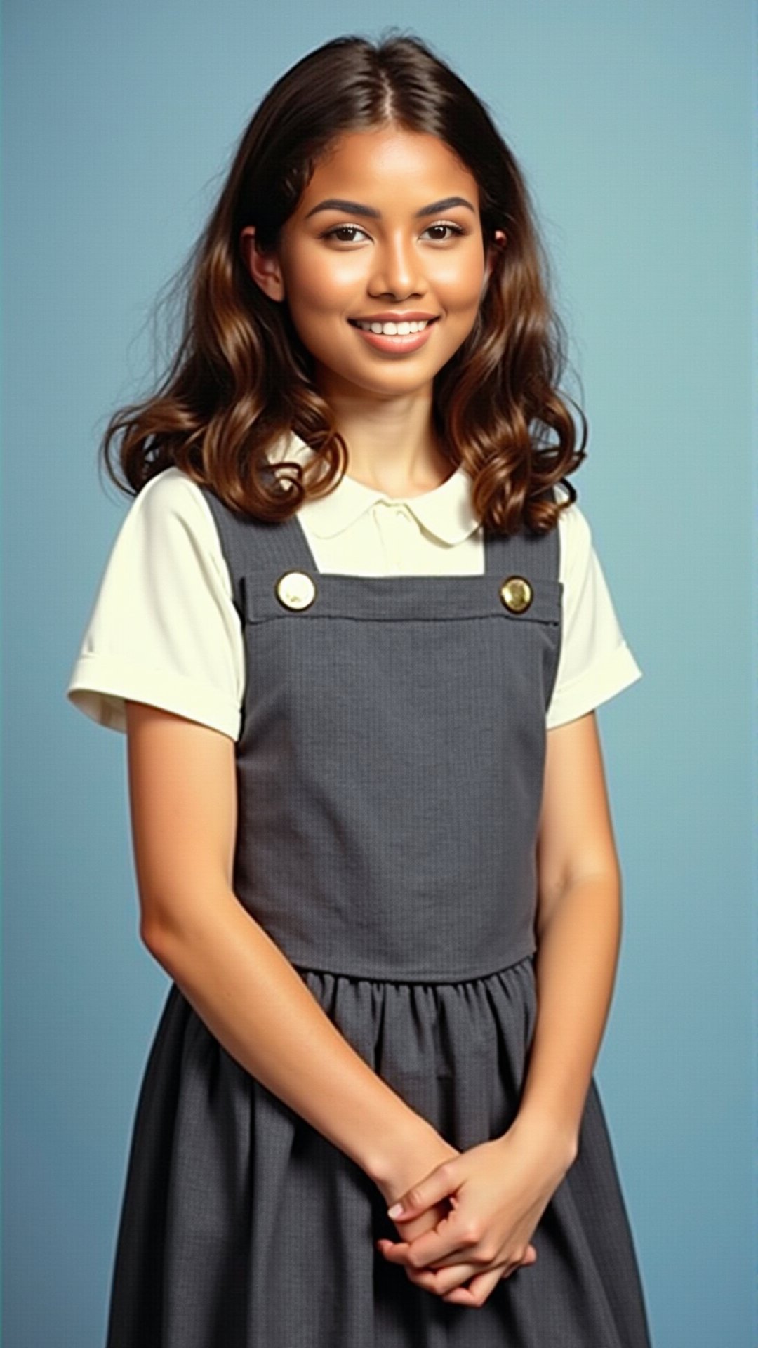 School dress, blue background, 1990s style, warm lighting.