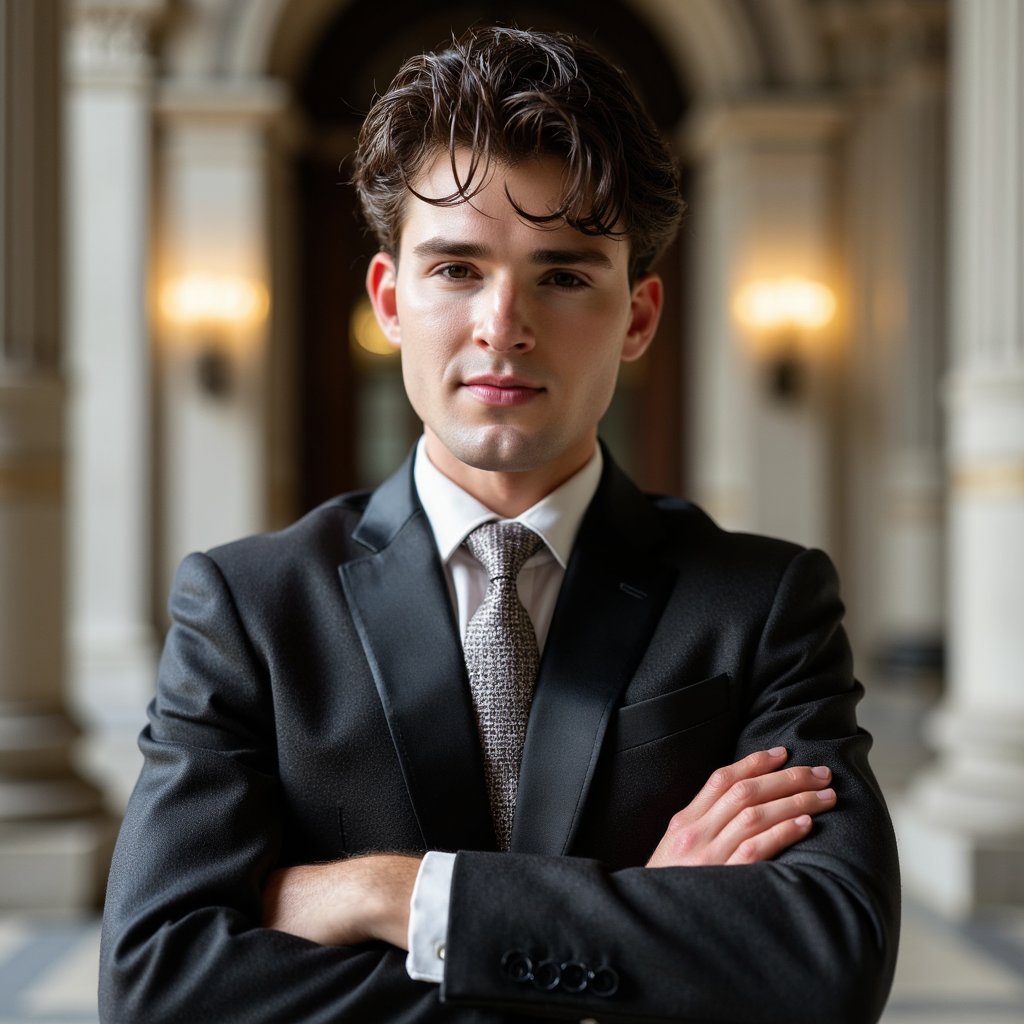 Highly detailed, highly realistic HDR portrait of a man banker in a tailored charcoal three-piece suit with satin lapel, silk tie, polished leather shoes; neatly combed hair with side part. Camera: 135mm lens, f/2.8, ISO 400, shoulder-up compression shot for dramatic bokeh. Lighting: warm tungsten practicals as back glow, soft key from camera left; shadow contours cheek and nose. Pose: arms crossed in front of chest, confident but approachable smile. Background: blurred grand marble interior with tall pillars and soft lamps, minimal clutter