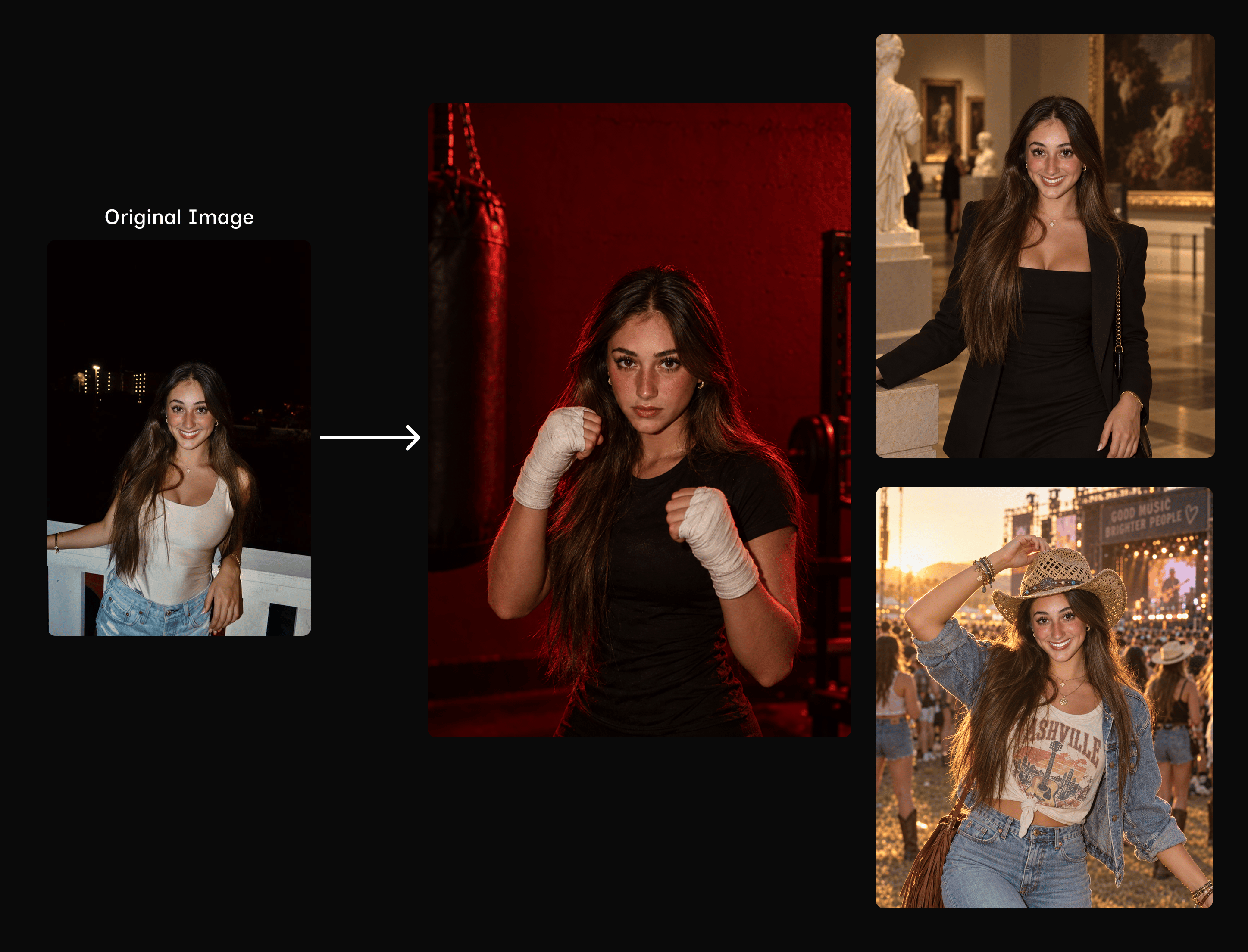 Same woman placed in a boxing gym, museum, and festival setting