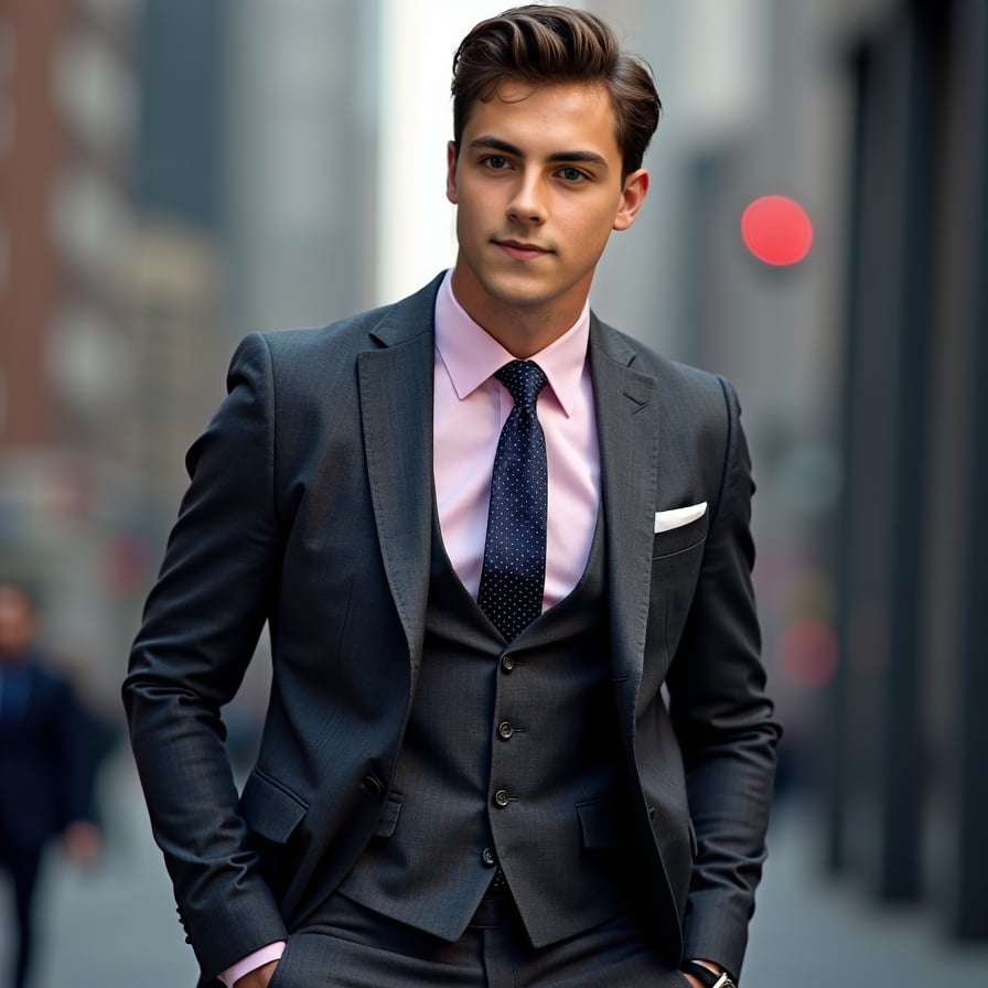 handsome and stylish model wearing a classic navy herringbone suit with a light pink dress shirt and a polka dot tie