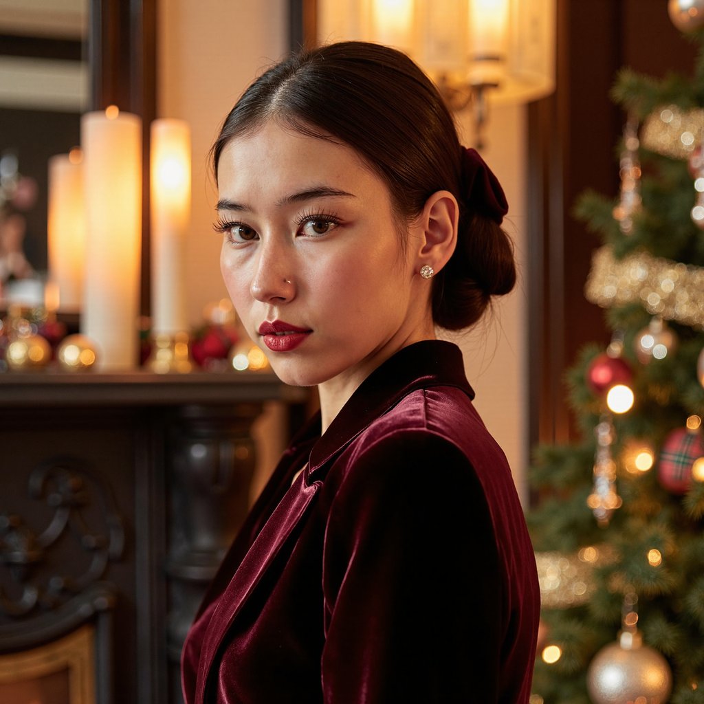 Close-up portrait of a woman in evening attire under soft chandelier light, looking slightly past the camera. Hairstyle: sleek bun with central part; classic red lip. Attire: deep wine-colored velvet gown, diamond studs, faint shimmer on skin. Fabric details: velvet pile visible, fine reflections on jewelry. Camera: 85mm, f/1.6 for creamy bokeh. Lighting: warm chandelier key with soft fill; gentle highlights across cheekbones. Background: blurred lights, faint silhouettes of a ballroom, minimal visual noise. Pose: elegant neck line, shoulders turned 15° off axis.
Render: highly detailed, highly realistic, HDR; visible fine hair texture, true skin sheen, layered lighting depth.